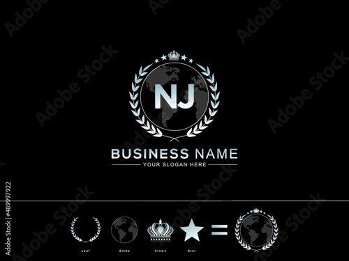 New NJ letter Logo, Creative Nj jn logo design Modern circle Leaf Globe Royal Crown and Star Design for company photo