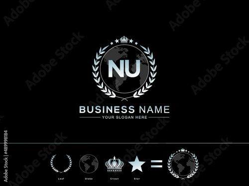 New NU letter Logo, Creative Nu un logo design Modern circle Leaf Globe Royal Crown and Star Design for company