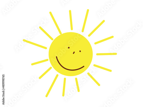 Cute Smiling sun. Yellow children's sun with rays. A cartoon character. Flat Vector illustration. 
Design element for a print.