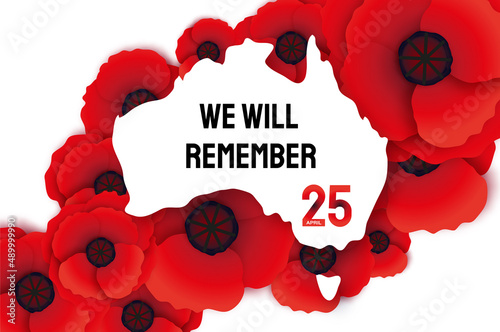 Anzac day with Bright Red Poppy flower in paper cut style. Lest we forget. National Day of Remembrance in Australia and New Zealand. April 25. Australia Map. Space for text.