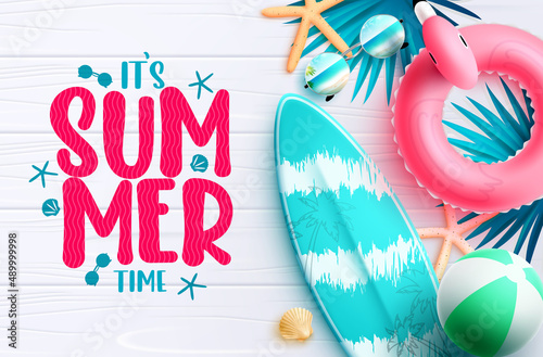 Summer time vector background design. It's summer time text with flamingo floater, surfboard and leaves tropical element for holiday season decoration. Vector illustration.
