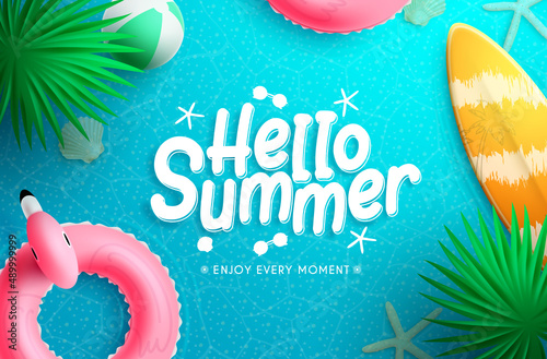 Summer season vector background design. Hello summer text in sea water with floating elements of surfboard and floater for relax outdoor tropical vacation. Vector illustration.
