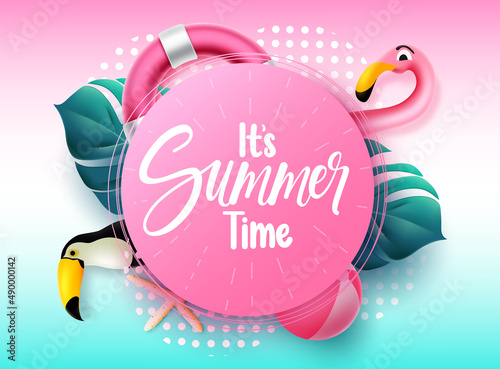 Summer vector template design. It's summer time text in pink circle space with flamingo, toucan and leaves elements for tropical season messages. Vector illustration.
