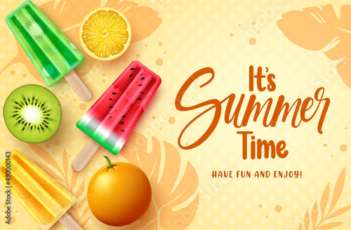 Summer vector background design. Hello summer typography text in abstract space with popsicles, floater and fruits flavor element for colorful tropical holiday season. Vector illustration.
