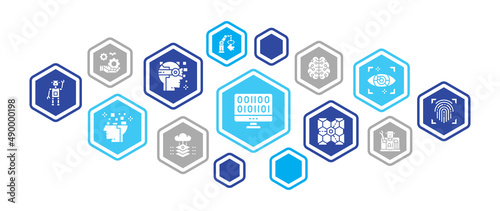 Artificial Intelligence banner illustration concept. Robotics, Chatbot, Database, Big Data banner flat style vector illustration