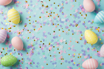 Top view photo of easter decorations multicolored easter eggs gold pink and violet confetti on isolated pastel blue background