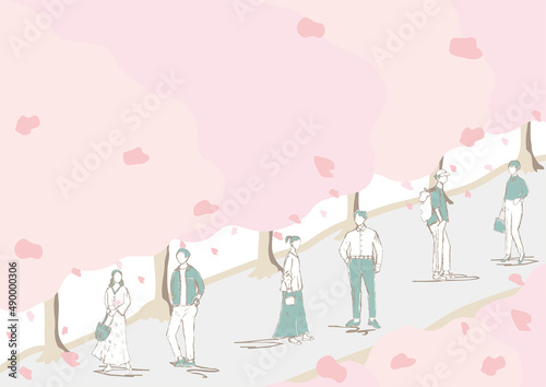 桜並木の風景と人々