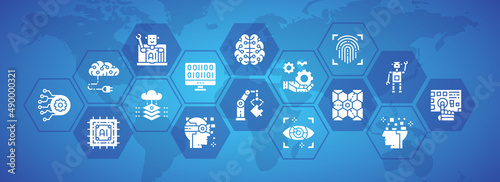 Artificial Intelligence icons banner. Robotics, Chatbot, Database, Big Data infographic vector illustration