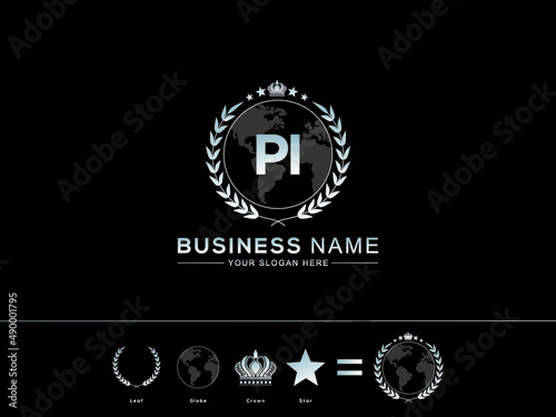 Letter PI Logo, Monogram pi Emblem Style Vector Logo Icon with Unique circle Leaf Globe Royal Crown and Star Design for business