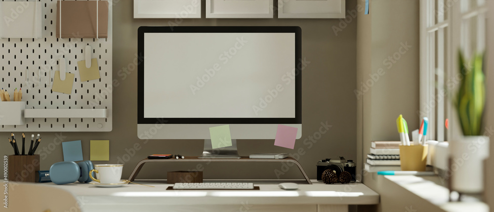 Modern home workstation or teens study table space with pc computer Modern home workstation or teens study table space with pc computer