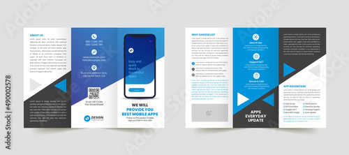 Mobile app promotion trifold business brochure template. Creative and Professional brochure design. Simple and minimalist promotion layout with blue color.