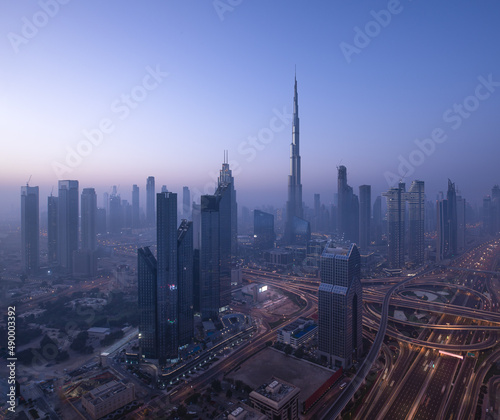 Dubai Downtown skyline during early sunrise. Dubai, United Arab Emirates.