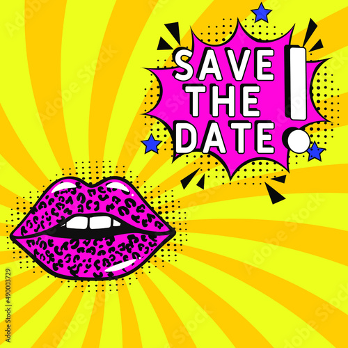Save The Date. Comic book explosion with text - Save The Date. Vector bright cartoon illustration in retro pop art style. Can be used for business, marketing and advertising. Banner flyer pop art