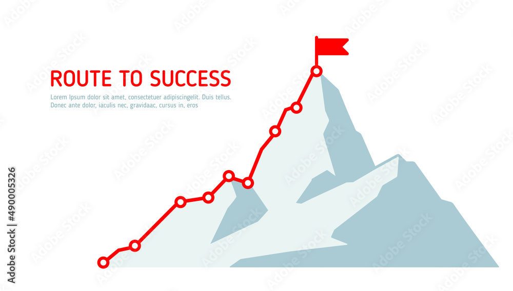 Mountain climbing route to the top. Business path is on the way to  concept of success. Mountain top. Climbing route to the top of the cliff. Vector illustration - obrazy, fototapety, plakaty 