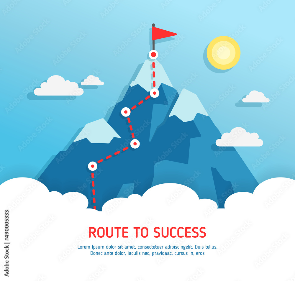 Landscape with flag on the mountain. Success in business. . Goal Concept, Mission, Vision, Career path. Vector illustration
