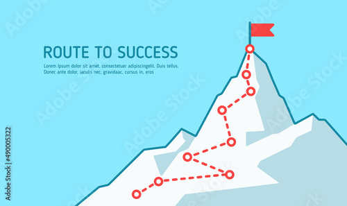 Route to the mountain top. Goal Concept, Mission, Vision, Career path. Business path is on the way. Concept of success. Mountain top, climbing route. Vector illustration
