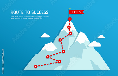 Mountain climbing route to the top. Business path is on way. Concept of success. Mountain top, climbing route to the top of the cliff. Vector illustration
