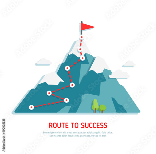 Landscape with flag on the mountain. Success in business. Route to mountain top. Goal Concept, Mission, Vision, Career path. Business path is on the way. Concept of success. Mountain top
