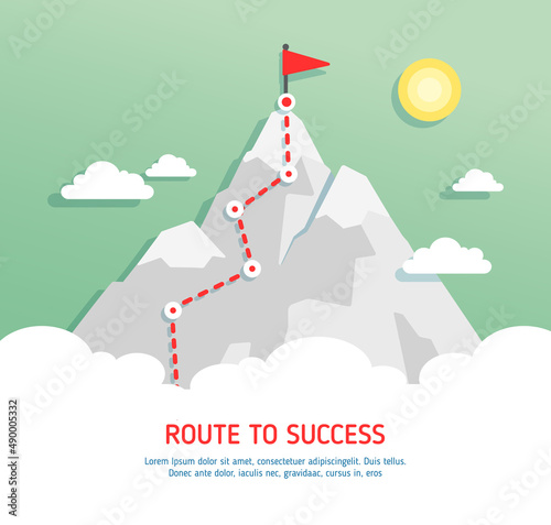 Landscape with flag on the mountain. Success in business. Route to the mountain top. Goal Concept, Mission, Vision, Career path. Business path is on the way. Concept of success. Mountain peak
