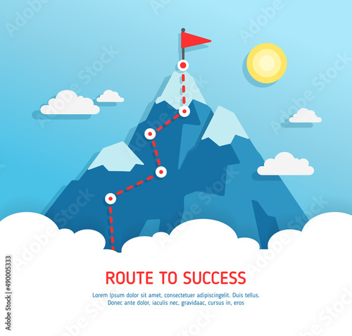 Landscape with flag on the mountain. Success in business. . Goal Concept, Mission, Vision, Career path. Vector illustration © VRTX