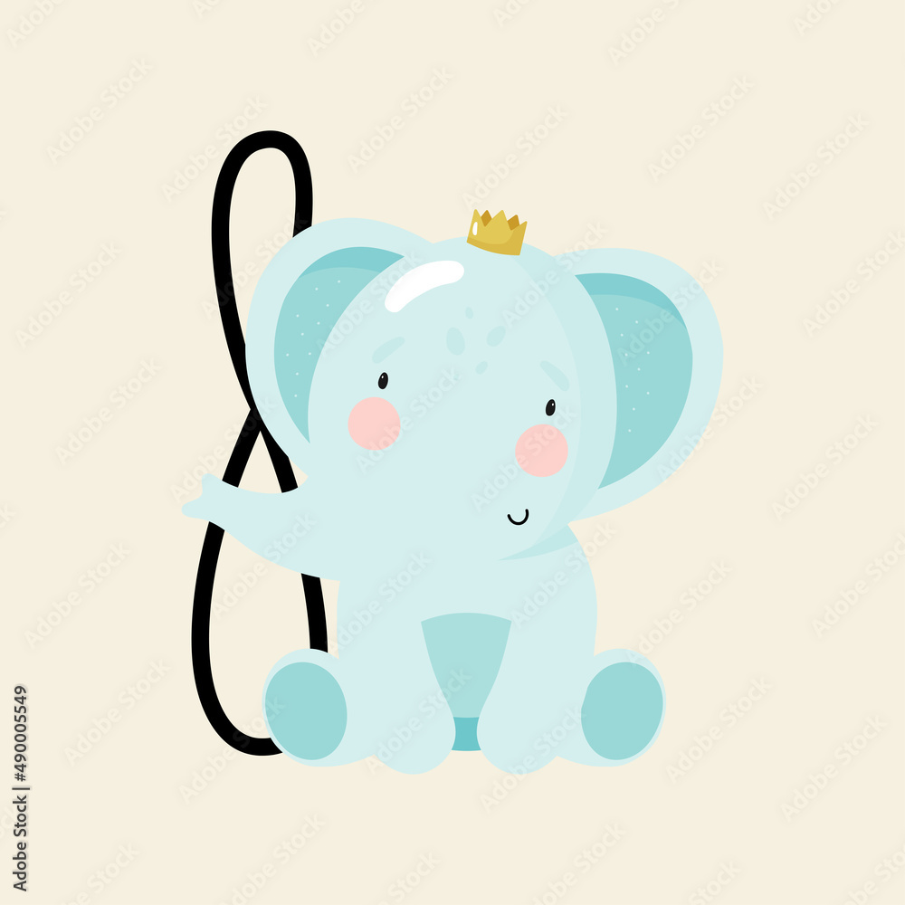 Birthday Party, Greeting Card, Party Invitation. Kids illustration with Cute Elephant and an inscription eight. Vector illustration in cartoon style.