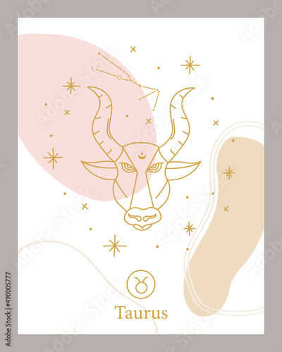 Zodiac Taurus horoscope sign line abstract art silhouette design vector illustration. Creative decorative, Taurus emblem template for mystic logo, calendar print in boho minimal style