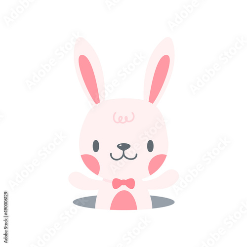 A little rabbit emerges from the hole. cartoon decorative card for children