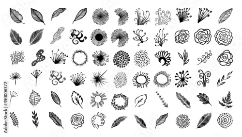 Large set of graphic floral decorative elements to create abstraction and backgrounds. Vector illustration