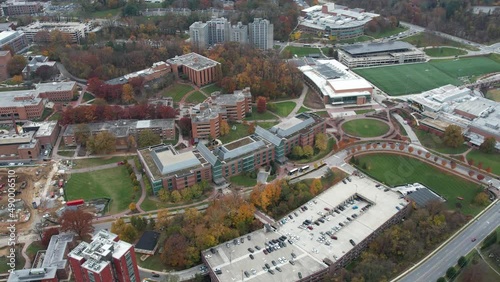 Towson University Campus Buildings and Sports Fields in Fall Season, Drone Aerial View, Maryland USA photo