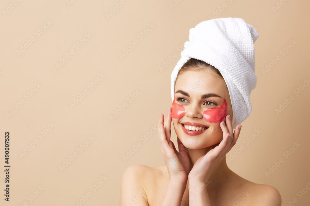 young woman pink patches clean skin smile posing close-up Lifestyle young woman pink patches clean skin smile posing close-up Lifestyle