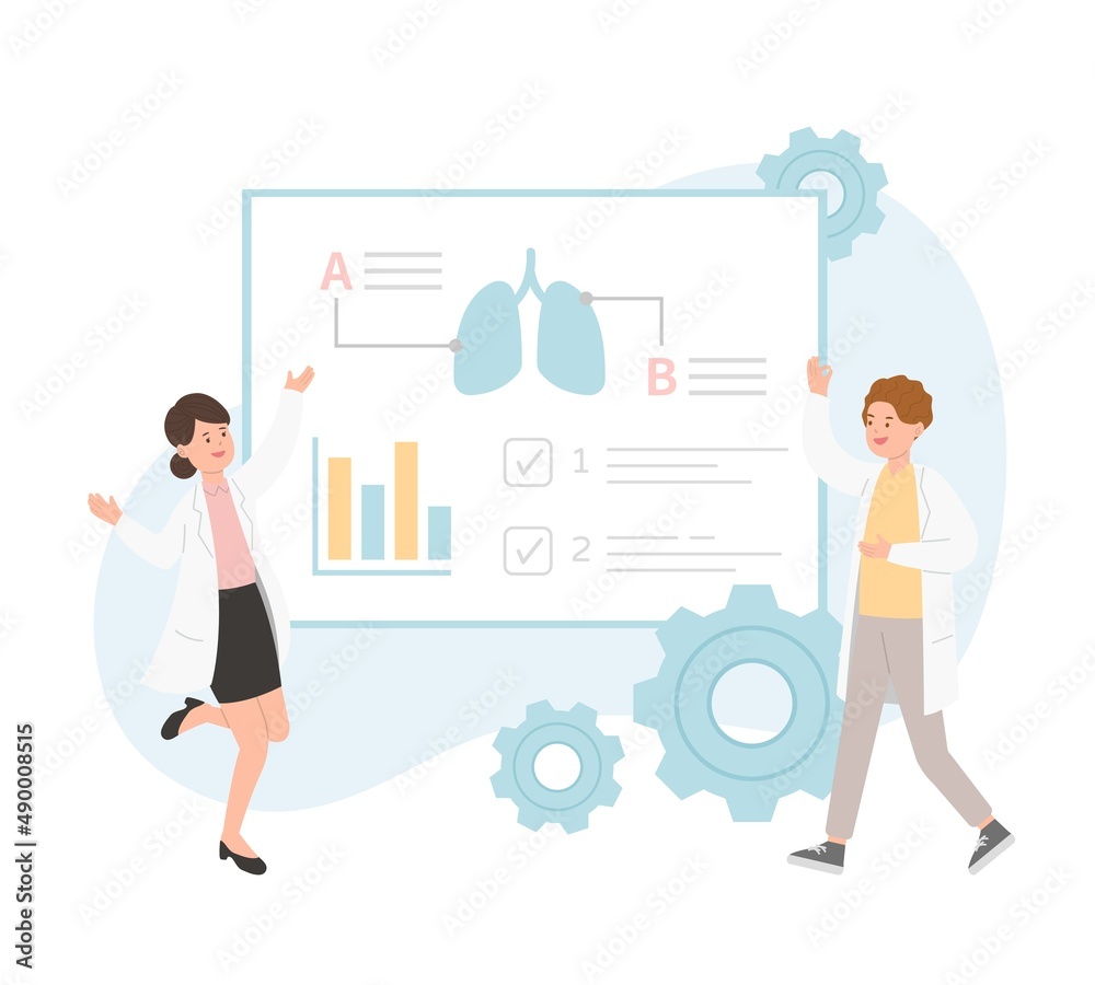 Male or female of paramedic or medical specialist or scientist pointing at presentation board, chart icons, vector set of abstract graphic elements, data statistics, infographics, analytical tools Male or female of paramedic or medical specialist or scientist pointing at presentation board, chart icons, vector set of abstract graphic elements, data statistics, infographics, analytical tools