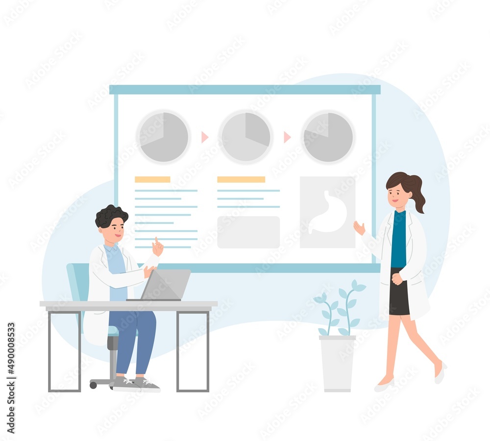 Fototapeta premium Male or female of paramedic or medical specialist or scientist pointing at presentation board, chart icons, vector set of abstract graphic elements, data statistics, infographics, analytical tools