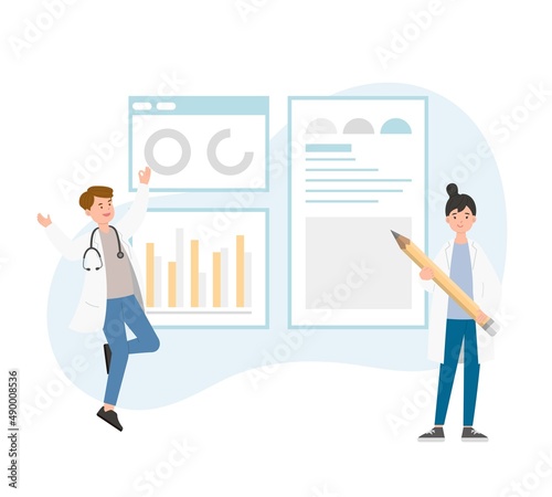 Male or female of paramedic or medical specialist or scientist pointing at presentation board, chart icons, vector set of abstract graphic elements, data statistics, infographics, analytical tools