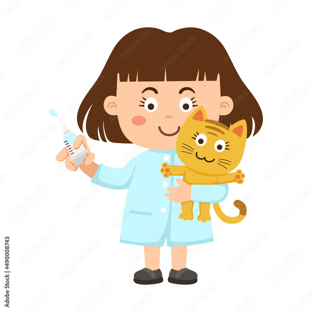 cute girl veterinarian curing illustration, vector cute girl veterinarian curing illustration, vector