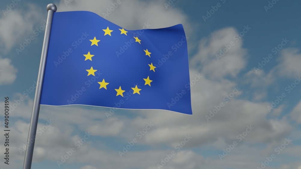 3D illustration of European Union flag waving in the wind on a background with sky. 3d rendering illustration
