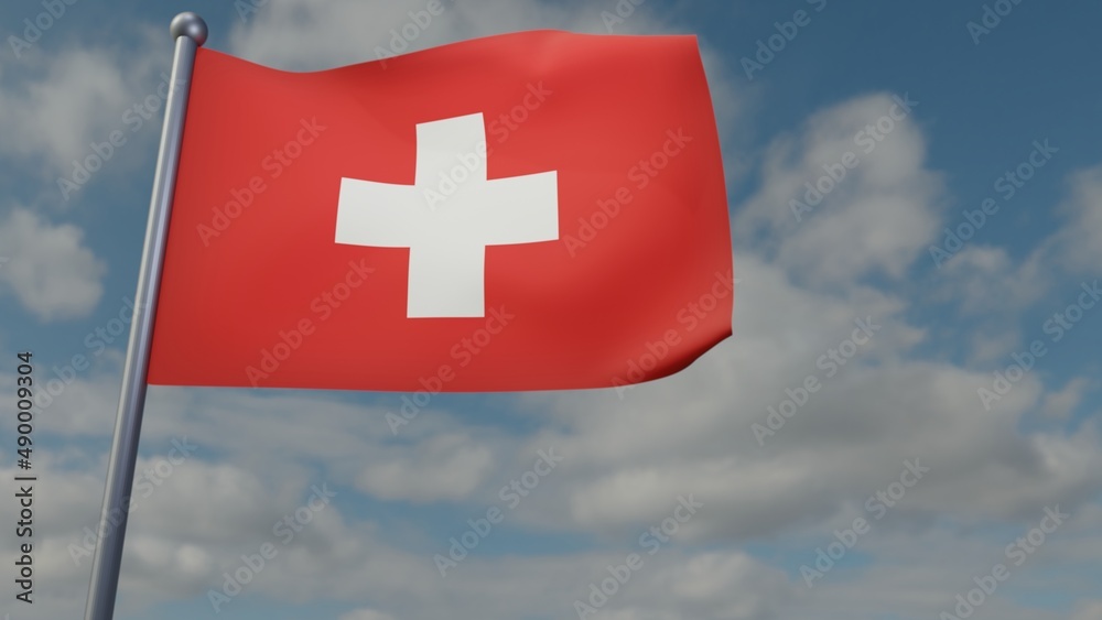 3D illustration of Switzerland flag waving in the wind on a background with sky. 3d rendering illustration