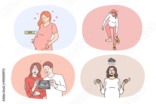 Collection of pregnant woman waiting for baby birth. Set of girl experience problems with pregnancy. Family growing and planning. Fertility and ivf treatment. Vector illustration. 