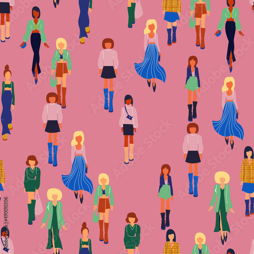 Seamless pattern. Women in trendy clothes. Fashion flat style illustration.