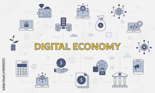 digital economy concept with icon set with big word or text on center