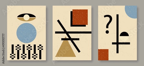 Mid Century Modern Abstract Wall Art Set of Prints with Geometric Shapes, Lines, Textures. Abstract Bauhaus Wall Art Print. Contemporary Modern Art Creative Design. Vector EPS 10