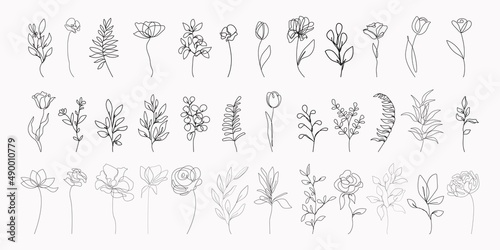 Flowers Line Art Vector Illustrations Set for Prins, Social Media, Icons. Floral Trendy Templates Minimalist Style. Set of Abstract Flowers in Line Style. Hand Drawn Doodle Template Collection