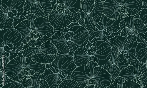 Floral Seamless Pattern in Trendy Line Art Style. Botanical Flowers Composition, Ideal for Textile, Surface Design, Wall Art Print, Modern Poster, Minimal Interior Design, Social Media. Vector EPS 10