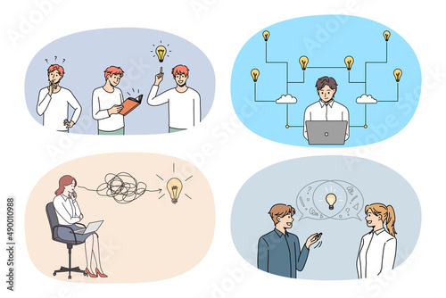 Set of diverse businesspeople with lightbulbs brainstorm generate creative innovative business ideas. Collection of employees with light bulbs consider make solution. Vector illustration. 