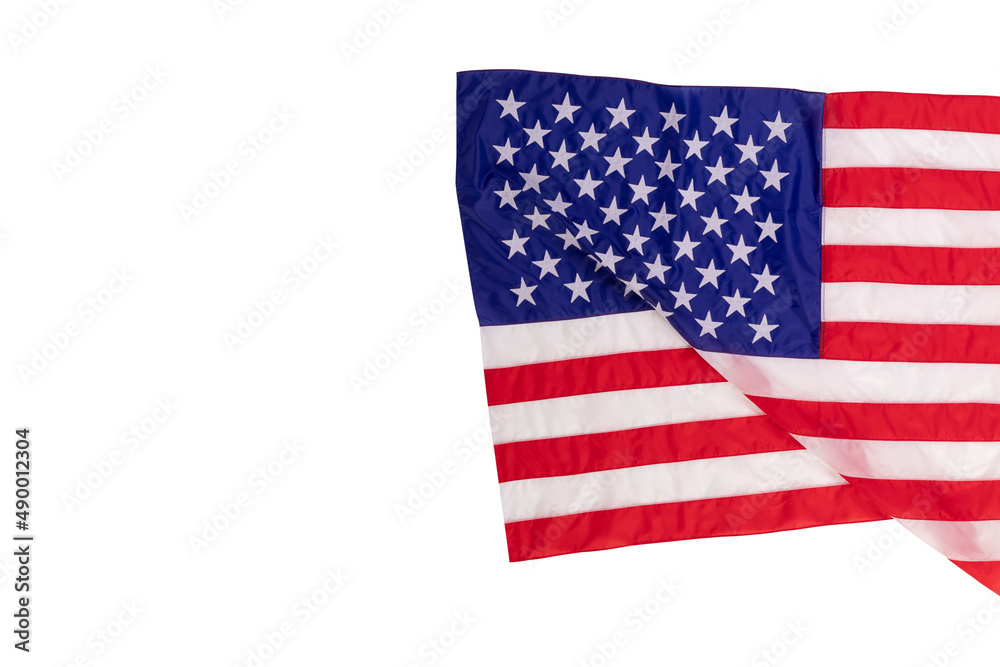 Closeup studio isolated top view shot pride patriotism blue and red striped star American nation USA United States of America country national fabric clothing unity rippled flag on white background