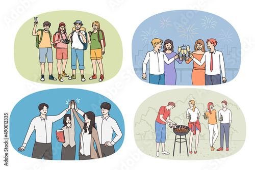 Set of smiling diverse friends have fun enjoy leisure times together. Collection of happy young people relax, enjoy vacation outdoors and celebrate. Friendship and unity. Vector illustration. 