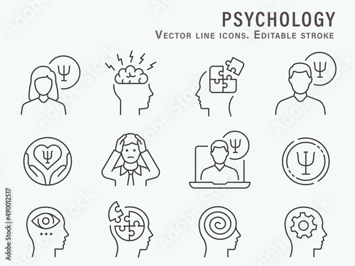 Psychology icon set. Collection of emotion, doctor, depression, mind and more. Vector illustration. Editable Stroke.
