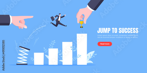 Business mentor helps to improve career with springboard vector illustration. Business person jumps above career ladder graph. Success growth, motivation opportunity, boost career concept.