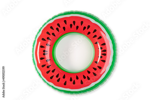 Top view closeup isolated studio shot of colorful red and green watermelon with black seeds round shape swimming pool lifesaver kid rubber ring using on sea beach vacation placed on white background