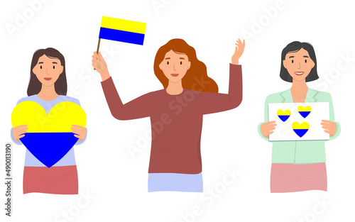 Girls with flags of Ukraine for independence and against the war. Vector graphics. Characters at the demonstration with a poster, a heart in their hands.