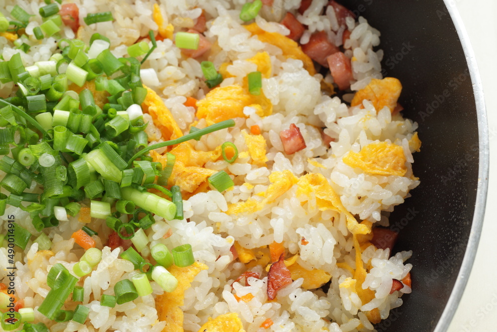 Chinese cooking, roasted pork and egg with green onion fried rice Chinese cooking, roasted pork and egg with green onion fried rice